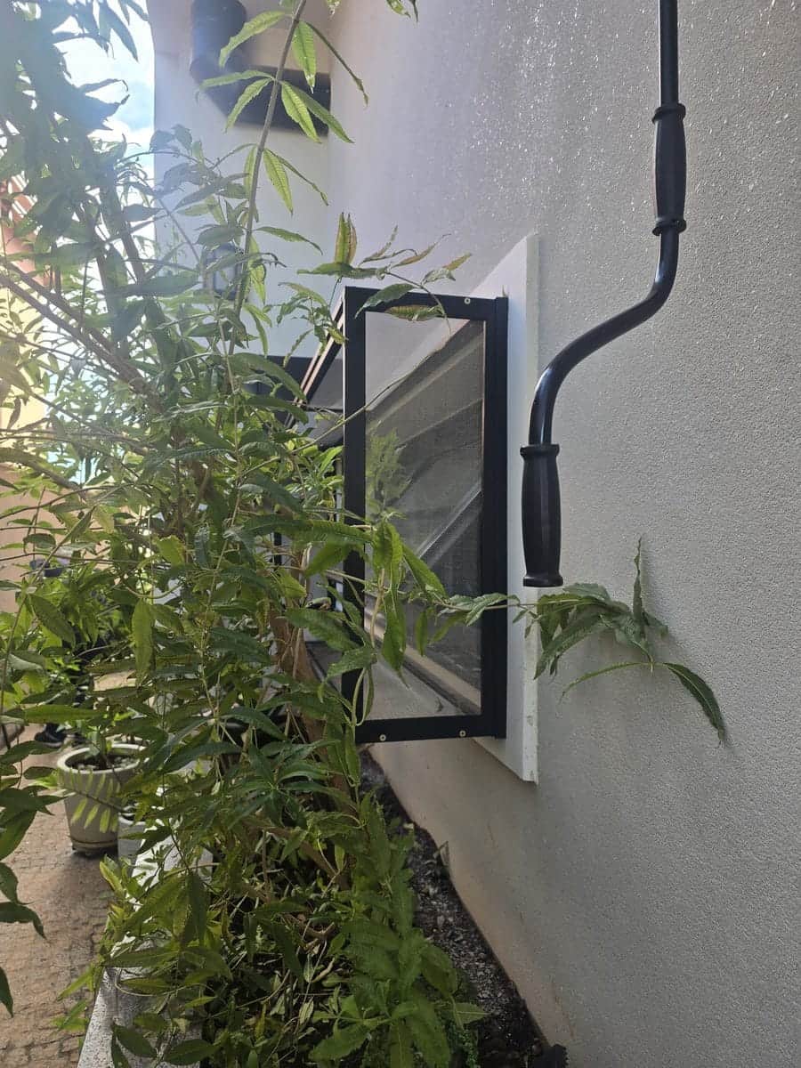 Janela maxim-ar com tela mosquiteira instalada, vista de fora, com plantas e ramos na frente da parede clara